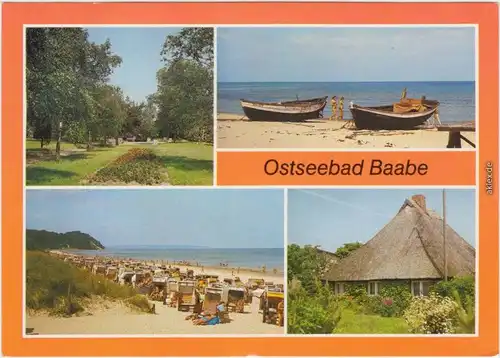 Baabe Ansichtskarte Kurpark, Boote am Strand, Strand, Rohrdachhaus 1987/1986
