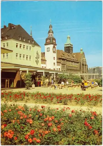 Chemnitz Karl-Marx-Stadt Blick vom Rosenhof  , Blumenbeete im Vordergrund 1981