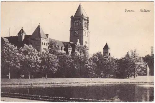 Posen Poznań Schloß Turm und Uhrenwerk, im Vordergrund Teich mit Fontäne 1940