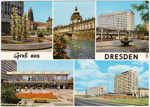 Dresden 1. Glasbrunnen, 2. Zwinger, 3. Prager Straße, 4. Restaurant 1979
