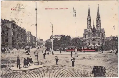 Wien Blick auf den Schottenring und Votivkirche mit Straßenbahn im  1913