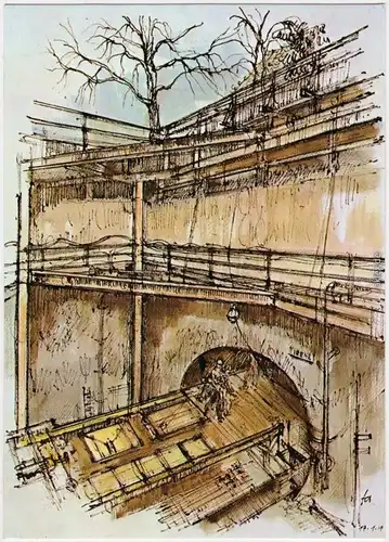 Frankfurt am Main Tunnelbauten   Anfahrtschacht Baulos 20  Federzeichnung 1975
