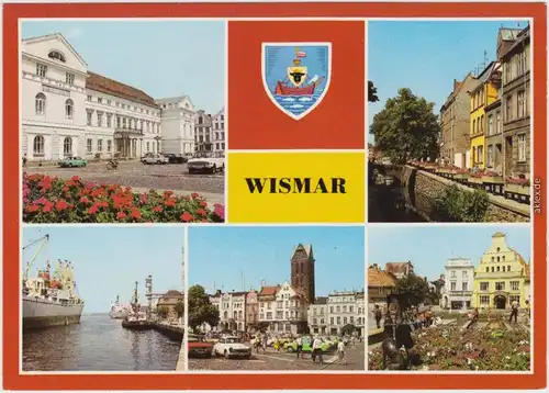 Wismar Rathaus, Blick auf die Mühlengrube, Hafen, Markt, Löwenapotheke 1984