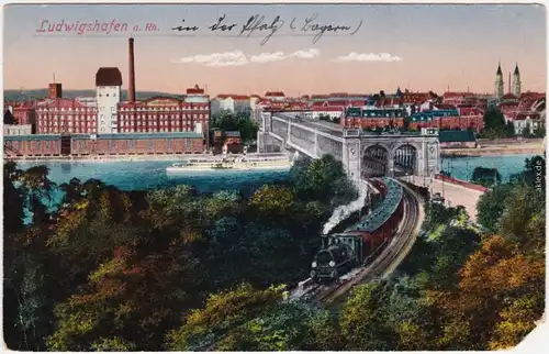 Ludwigshafen Fabrikanlagen, Rheinbrücke und Dampflokomotive 1919 