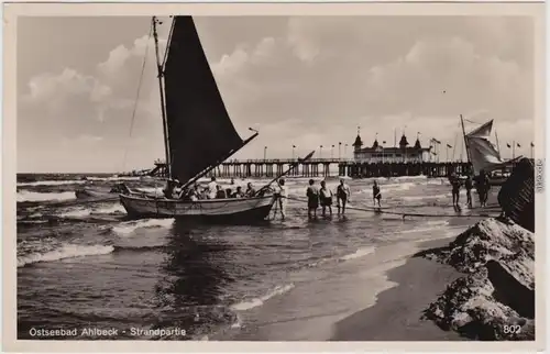 Ahlbeck (Usedom) Strandpartie, Segelboot, Seebrücke Foto Ansichtskarte  1937