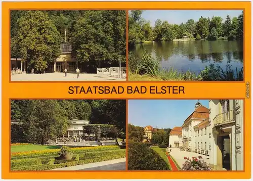 Ansichtskarte Bad Elster Marienquelle, Gondelteich, Badecafé, Badehaus 1986