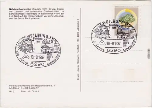 Nassdampflokomotive Ansichtskarte  Sonderstempel 1987