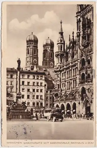München Marienplatz mit Mariensäule, Rathaus und Dom 1937