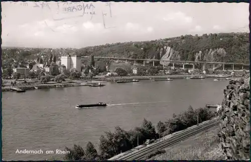 Andernach Blick über den Rhein auf die Stadt Brücke der A-9 im Hintergrund 1965