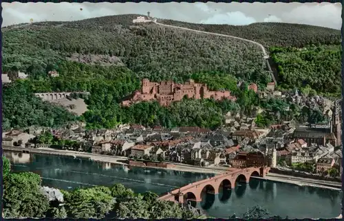 Heidelberg Blick über die Stadt mit Bergbahn zum Königstuhl (594 m) 1959