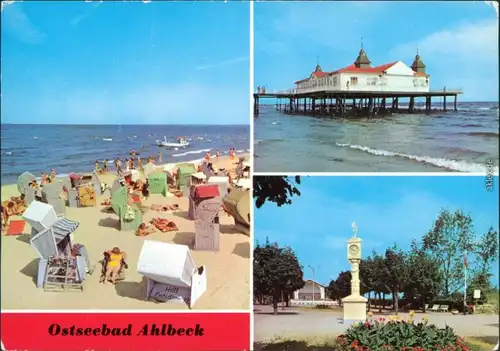 Ansichtskarte Ahlbeck Usedom Strand, Seebrücke, Kurpark mit Musikpavillon 1977