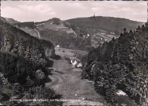 Foto Ansichtskarte Hiddesen Detmold Lippische Schweiz mit Hermannsdenkmal 1961