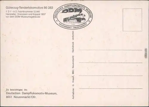 Neuenmarkt Oberfranken Güterzug-Tenderlokomotive Koppel  DDM-Museumsgeäude 1986