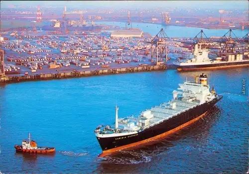 Bremerhaven Hapag-Lloyd Containerschiff und Luftbild vom Hafen 1985