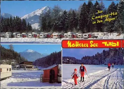 Natters Tirol Campingplatz, Winter, Wohnwagen und Skifahrrer Ansichtskarte 1982