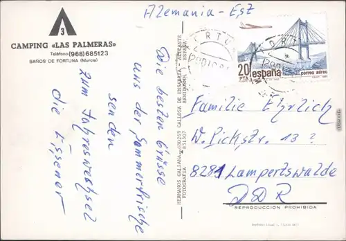 Banos de Fortuna Camping "Las Palmeras" España Murcia Postcard 1982