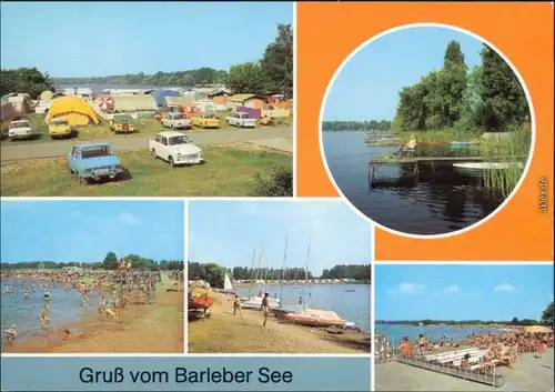 Magdeburg Blick auf den Zeltplatz, Bootssteg, Badestelle und Segelbooten  1983