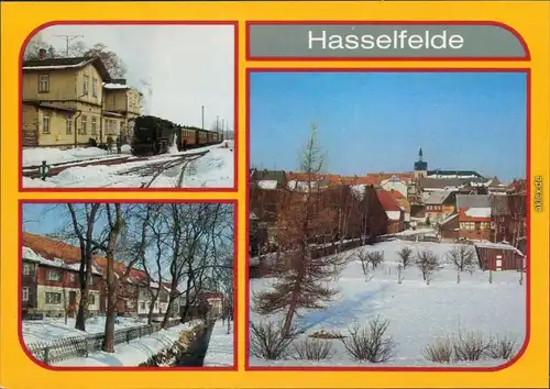 Hasselfelde Bahnhof mit Dampflokomotive, Wohnsiedlung am Bach,   Kirche 1987