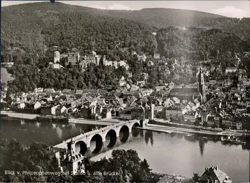 Heidelberg Blick zur Stadt mit Heiliggeistkirche und Brücke  Neckar 1965