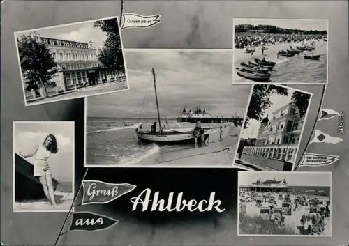 Ahlbeck (Usedom) Ostsee Hotel,Viele Ruderboote am Badestrand, Hotel,  1968