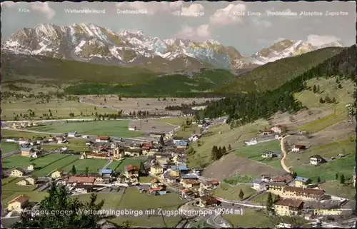 Wallgau Panorama-Ansicht über die Stadt zum Bergmassiv 1960