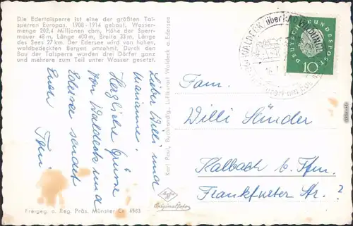 Hemfurth Edersee-Edertal Blick auf die Edertalsperre und dem Schloß 1960