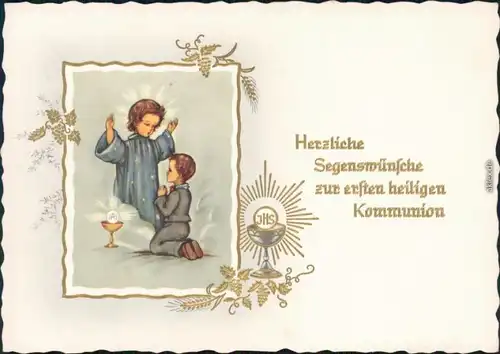  Glückwunsch Kommunion- Mit Engel und Heiligen-Gral 1935 Goldrand