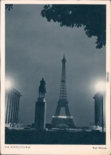 Paris Eiffelturm Ansichtskarte bei Nacht  1956