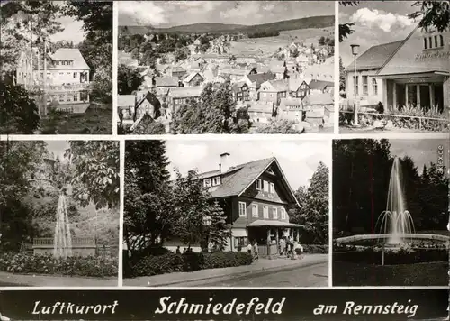 Schmiedefeld (Rennsteig) Ansichten: Gaststätte, Springbrunnen, Totale 1980