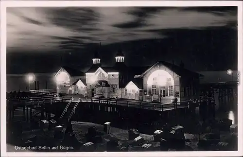 Sellin Seebrücke bei Nacht Foto Ansichtskarte Ostsee 
 1947