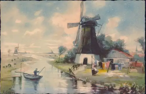 Künstlerkarte: Angler an der Windmühle Ansichtskarte signiert 1932