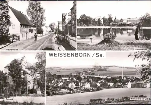 Weißenborn (Holzland) Dorfstraße, Sommerbad, Schloß, Blick auf den Ort 1979