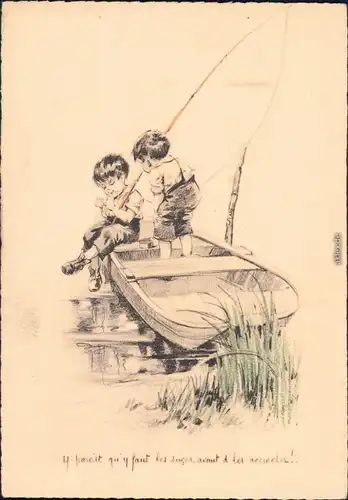  Kinder auf einem Teich mit Ruderboot beim Angeln 1928