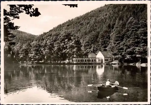 Bad Dürkheim Blick auf das Forellenhaus vom See Ruderboot im Vordergrund 1958
