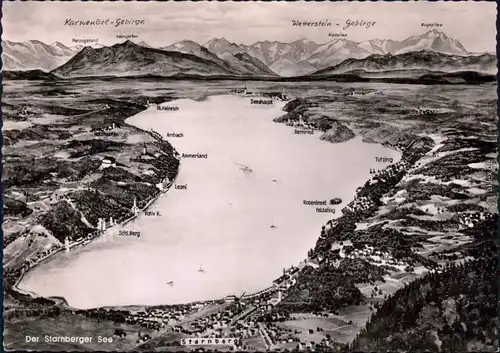 Starnberg Überblick über den See und die Städte (Aquarell) 1968 