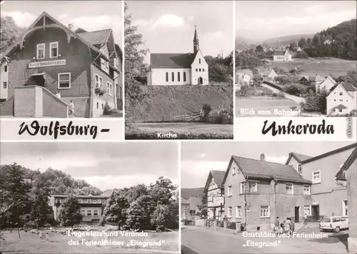 Fotokarte Wolfsburg  Unkeroda Kirche, Bahnhof, Ferienheim Eltegrund 1977