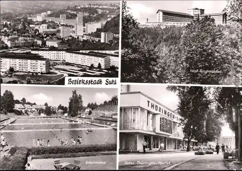 Suhl Teilansicht, VdgB Ringberghaus, Schwimmbad, Hotel Thüringen-Tourist 1981