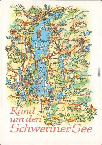 Ansichtskarte  Schwerin Landkarte: Rund um den Schweriner See 1988