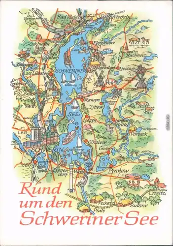 Schwerin Landkarte: Rund um den Schweriner See Ansichtskarte  1978