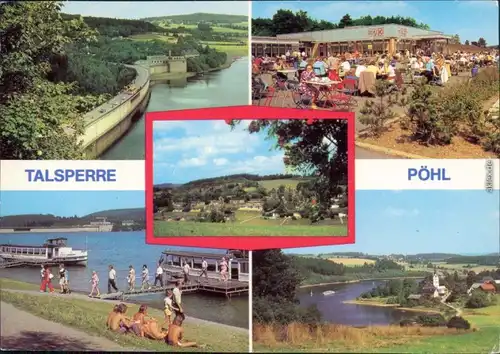 Pöhl Sperrmauer, Gaststätte, Landungssteg mit Fähren und Gästen, Überblick 1981