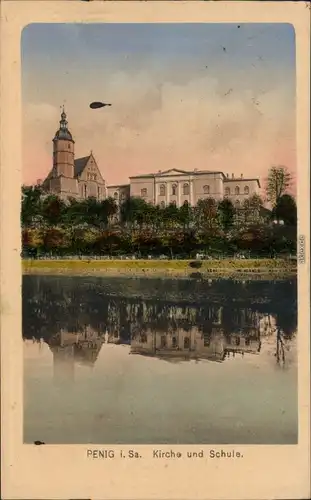 Penig (Mulde) Kirche und Schule Ansichtskarte 1924