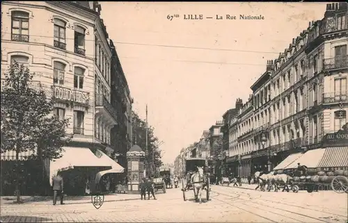 Lille La Rue Nationale - Geschäfte, Kutsche Nord pas de Calais 
1907