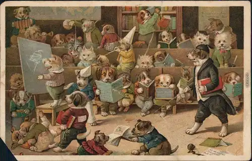 Tiere als Menschen - Im Klassenzimmer Ansichtskarte Künstlerkarte  1918