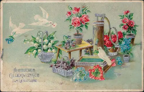  Glückwunsch - Geburtstag: Tauben und Blumen 1916 Silberrand