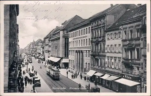 Karlsruhe Kaiserstraße, Straßenbahn und Geschäfte Ansichtskarte 1937