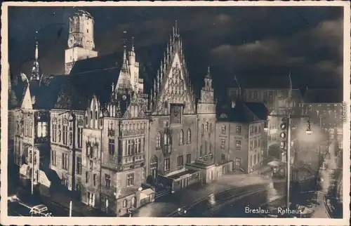 Ansichtskarte Breslau Wrocław Partie am Rathaus bei Nacht 1938