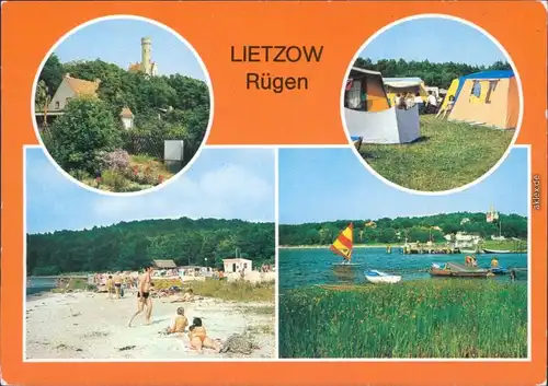 Lietzow (Rügen) Teilansicht, Zeltplatz, Strand am Bodden, Anlegestelle 1984