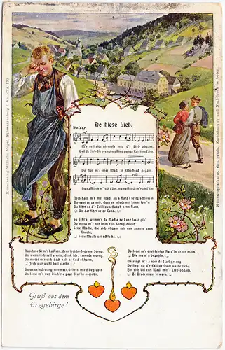De biese Lieb Erzgebirge Liedkarte Ansichtskarte Trachten 1910