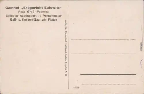 Eulowitz Großpostwitz Budestecy Saal Gasthof Erbgericht Eulowitz  Bautzen 1917