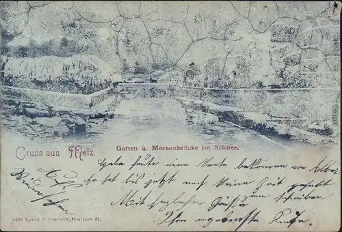 Metz Garten und Moreubrücke im Schnee CPA Ansichtskarte Lothringen 1902